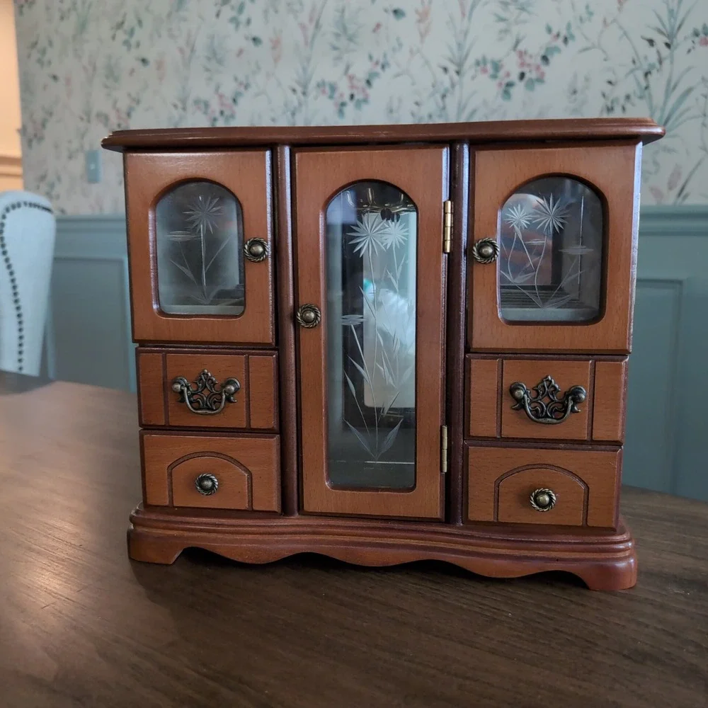Vintage Jewelry Armoire Organizer Etched Glass Floral Wood Chest Velvet Mirrored